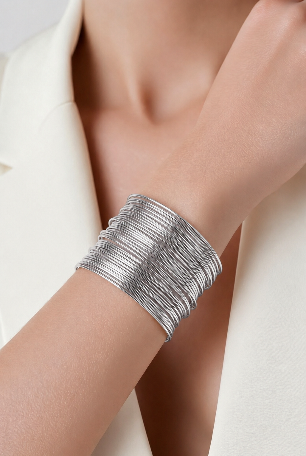 Marea Cuff Bangle Silver - worn on wrist